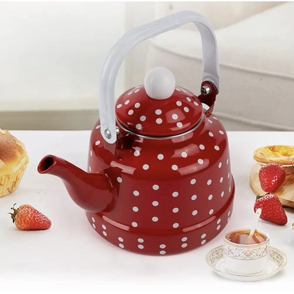 1L Red White Polka Dot Enamel Tea Kettle Teapot w/ Lid Stovetop Water Boiler